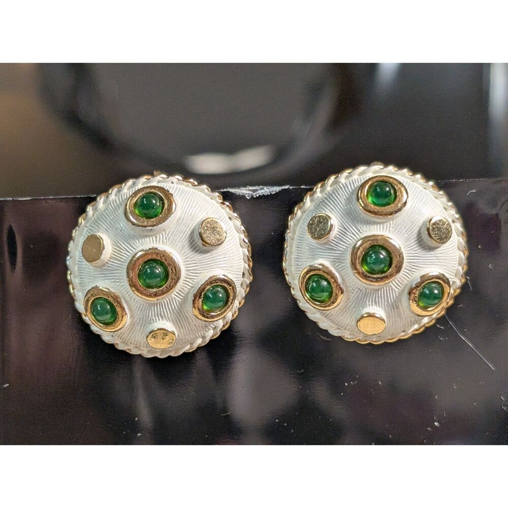 Vintage 1965 Signed Boucher Enamel Clip On Earrings - Green Cabochon 9137